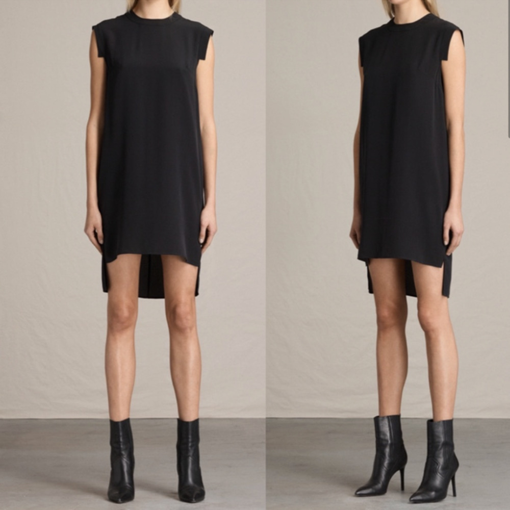 All Saints 100% Silk Tonya Lew Dress Step Hem Black Women's Size 10